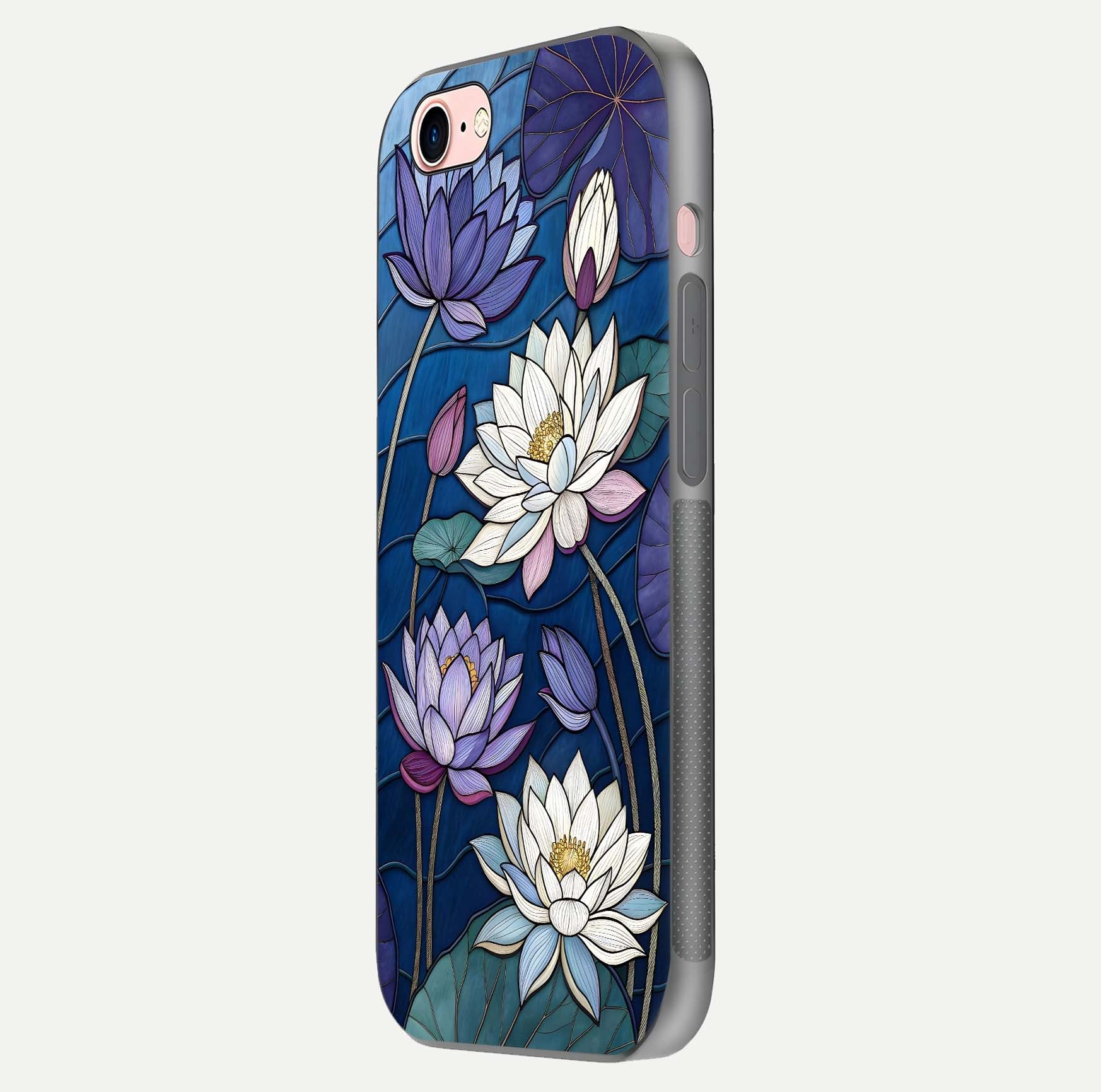 Purple Lotus Stained Glass Case for iPhone 6 Plus side-angle image showing gloss, reflection, and intricate detailing
