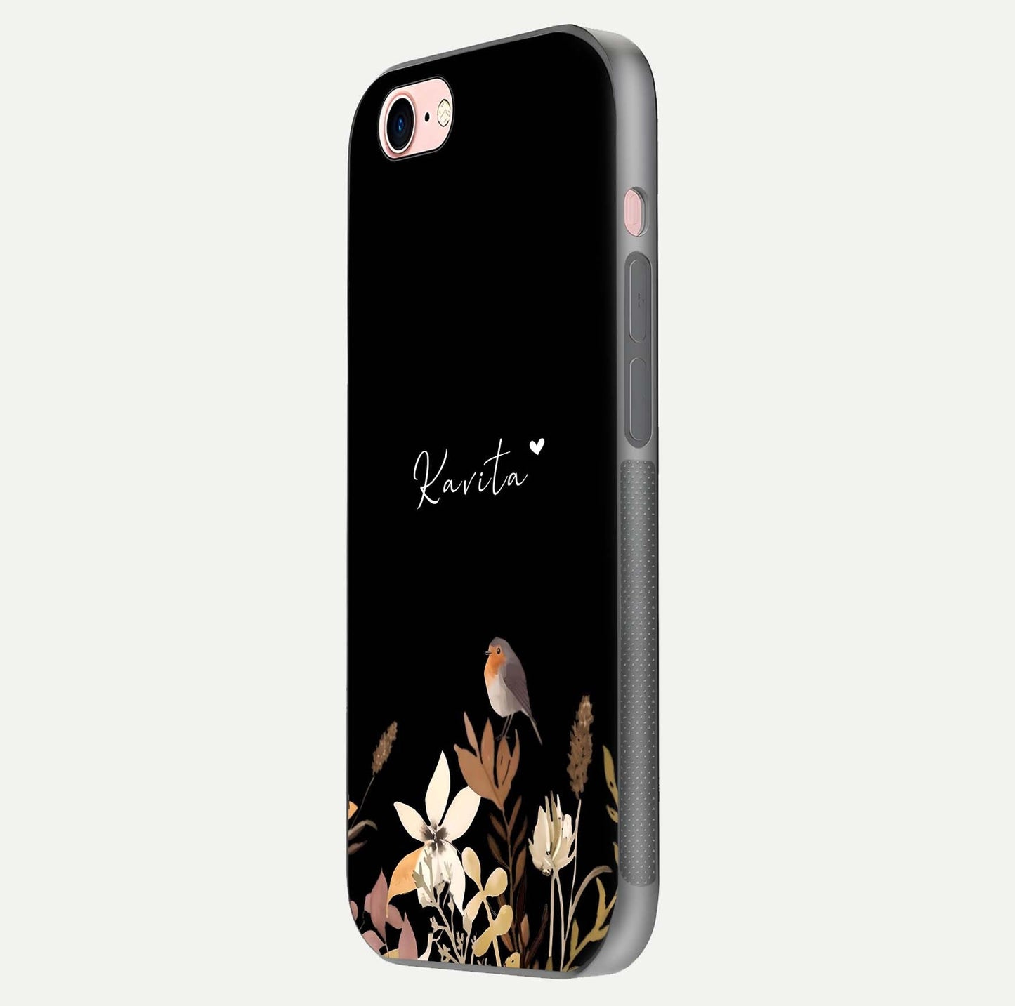 Quiet Garden Tune Custom Name Glass Case for iPhone 6 Plus side-angle image showing reflection and floral design