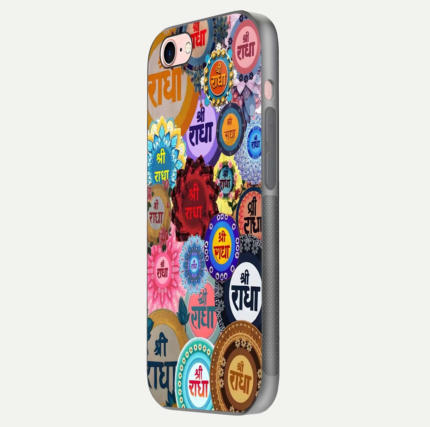 Radha Divine Bloom Glass Case for iPhone 6 Plus side-angle image showing shine, reflection, and floral motif