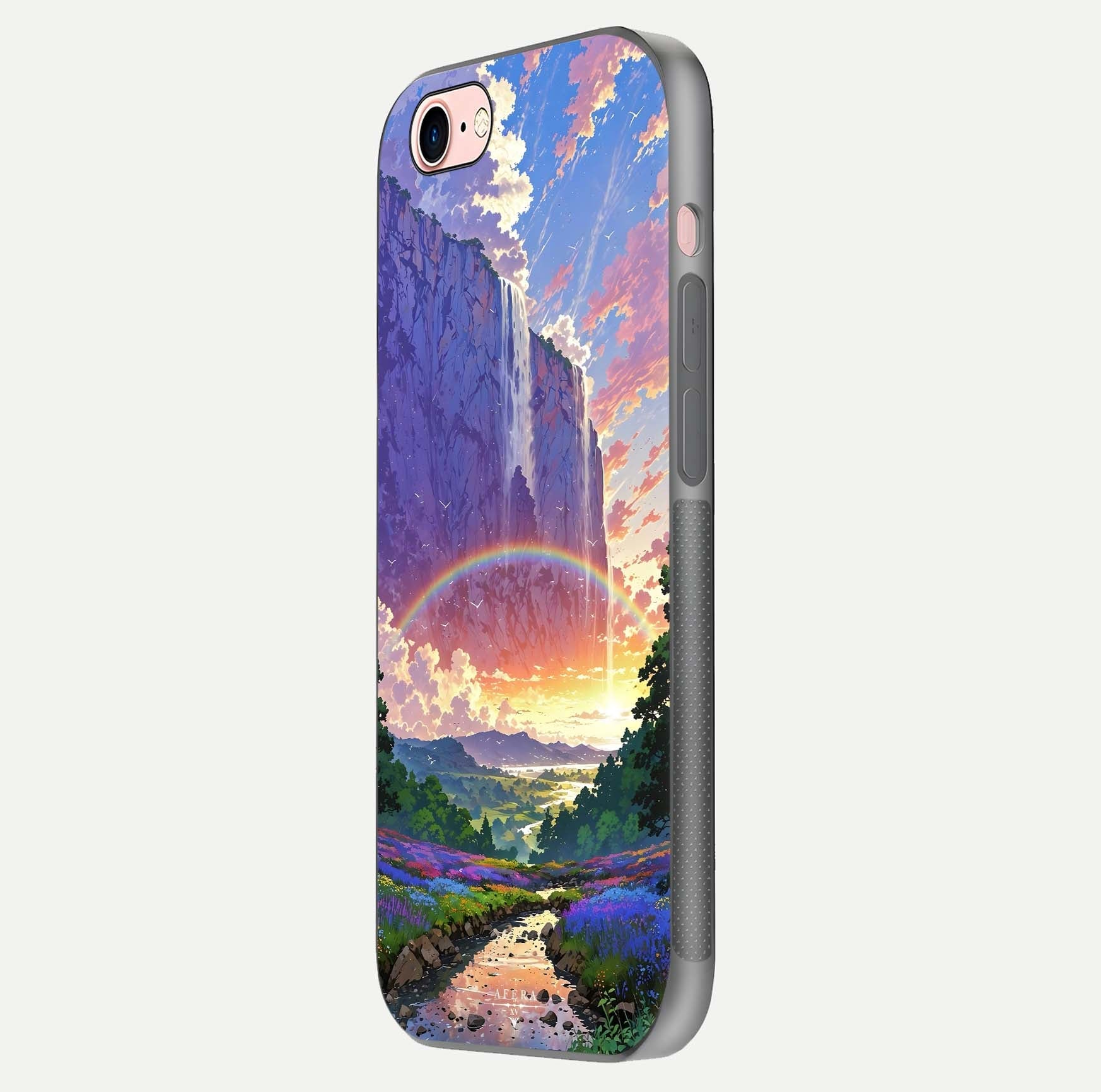 Rainbow Valley Dream Glass Case for iPhone 6 Plus side-angle image showing light reflection and scenic tones