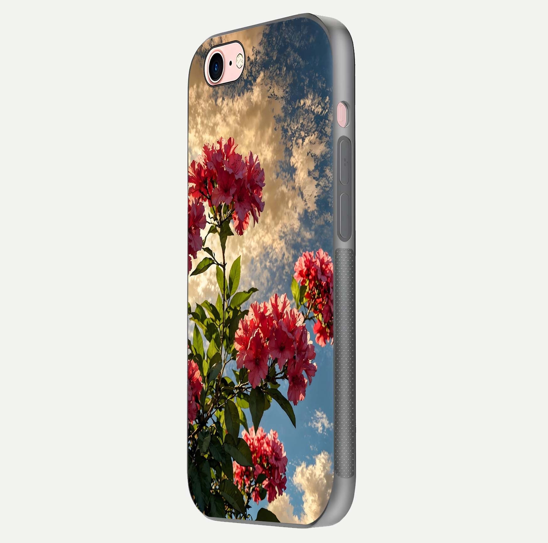 Red Bloom Skies Glass Case for iPhone 6 Plus side-angle image showing reflection, print clarity, and tone blend