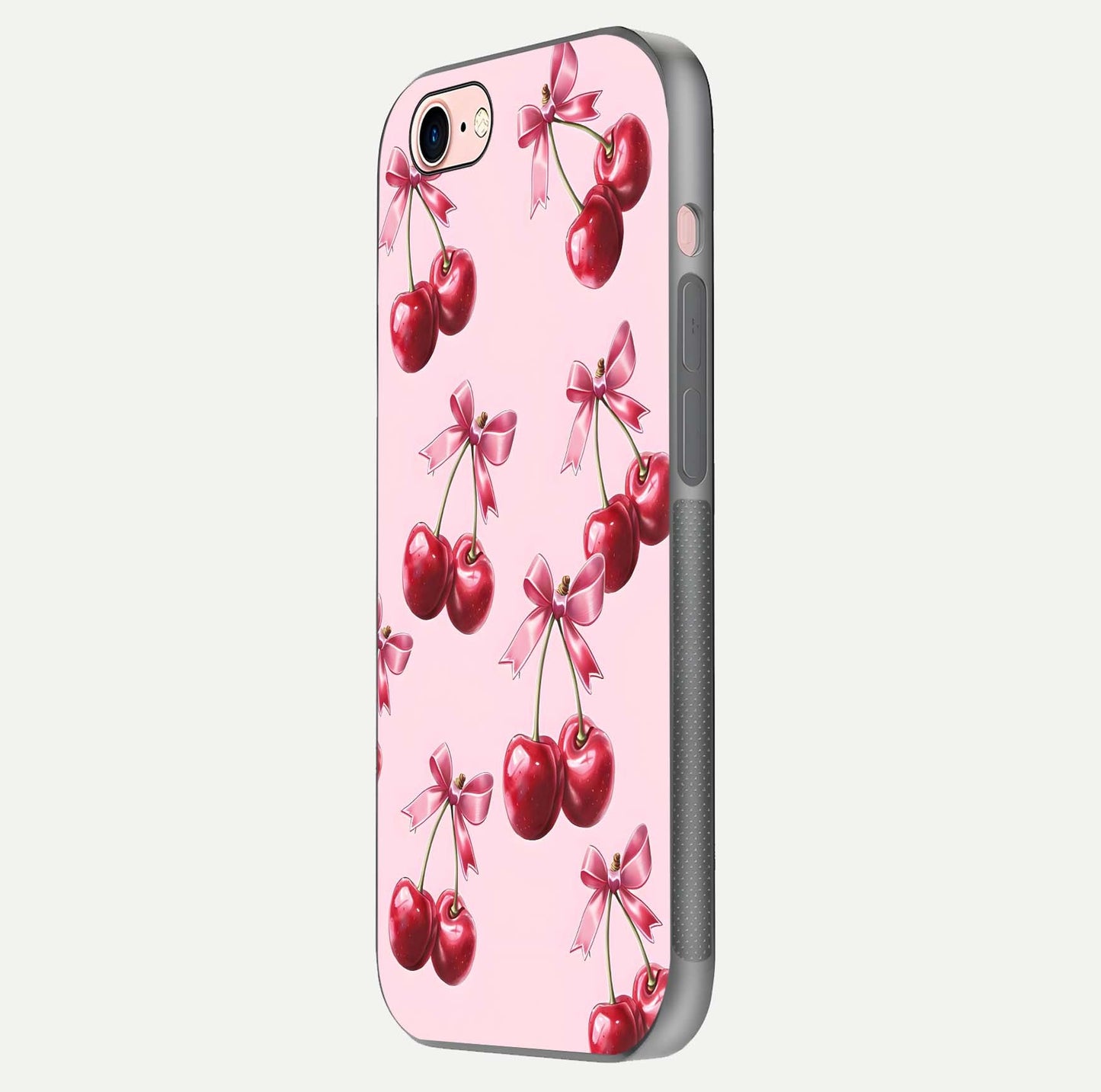 Red Cherries Pattern Glass Case for iPhone 6 Plus side-angle image showing gloss surface and cherry details