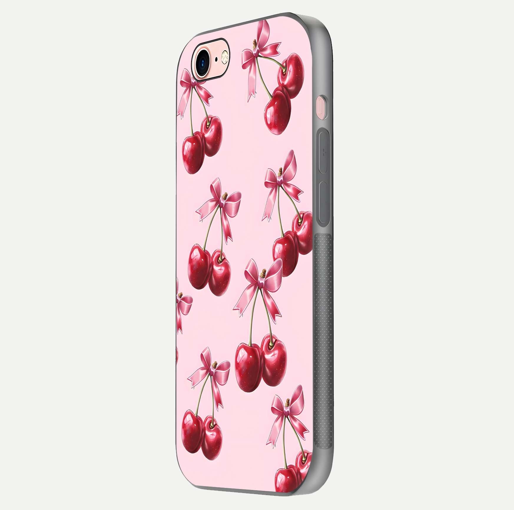 Red Cherries Pattern Glass Case for iPhone 6 Plus side-angle image showing gloss surface and cherry details