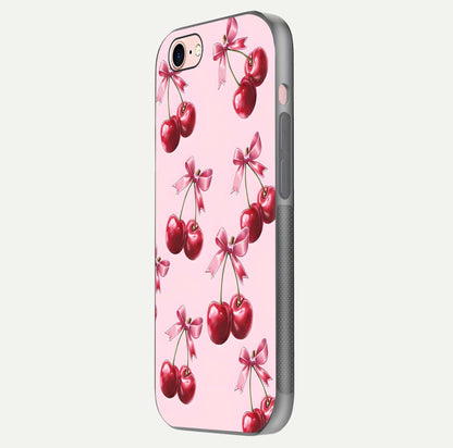 Red Cherries Pattern Glass Case for iPhone 6 Plus side-angle image showing gloss surface and cherry details