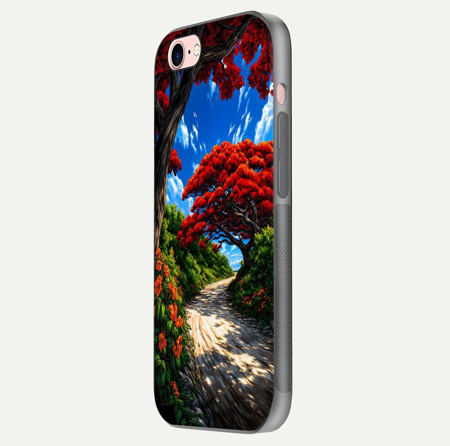 Red Trees Pathway Glass Case for iPhone 6 Plus side-angle image showing reflection and autumn vibe