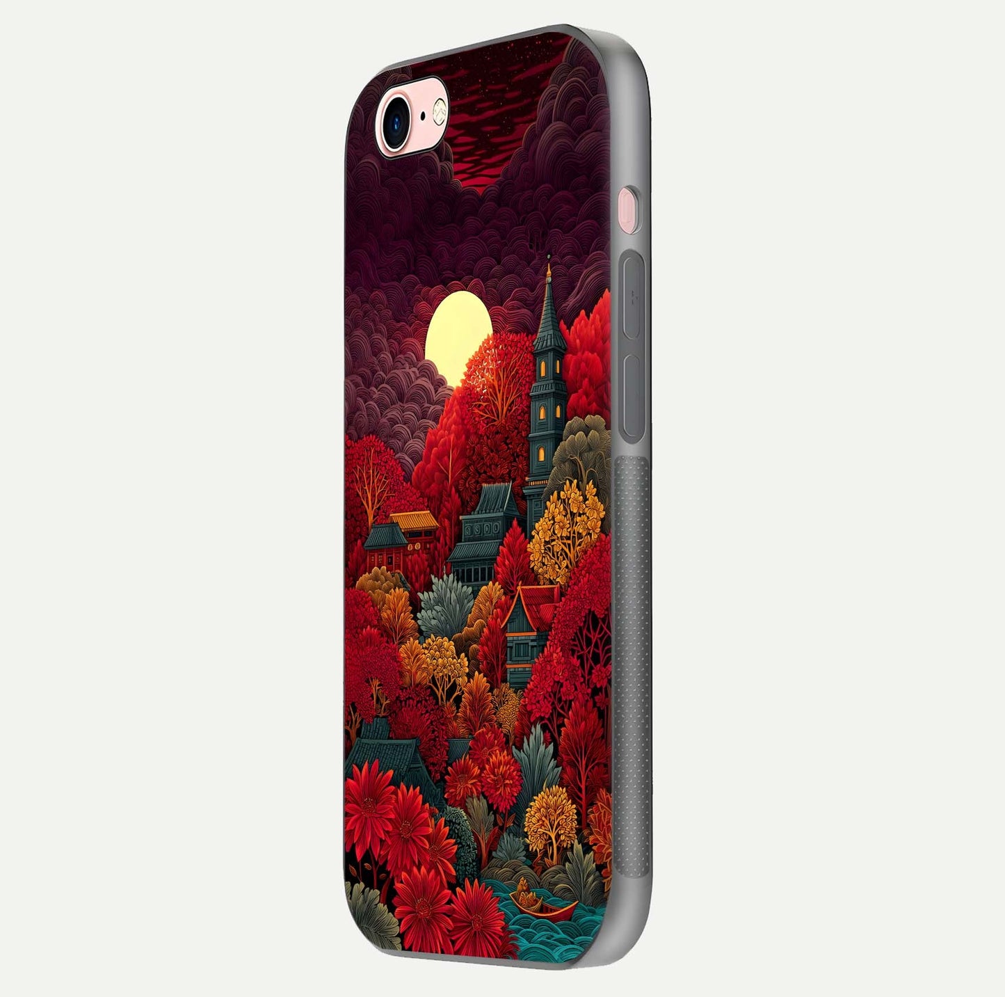 Scarlet Autumn Temple Glass Case for iPhone 6 Plus side-angle image showing color depth and reflection clarity