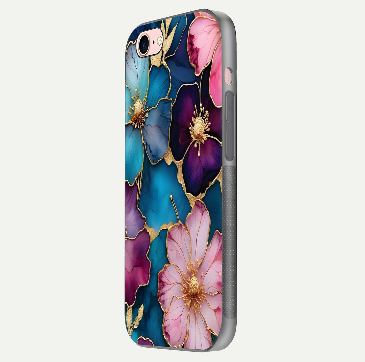 Sparkle Floral Glass Case for iPhone 6 Plus side-angle image showing reflection, gloss, and floral texture