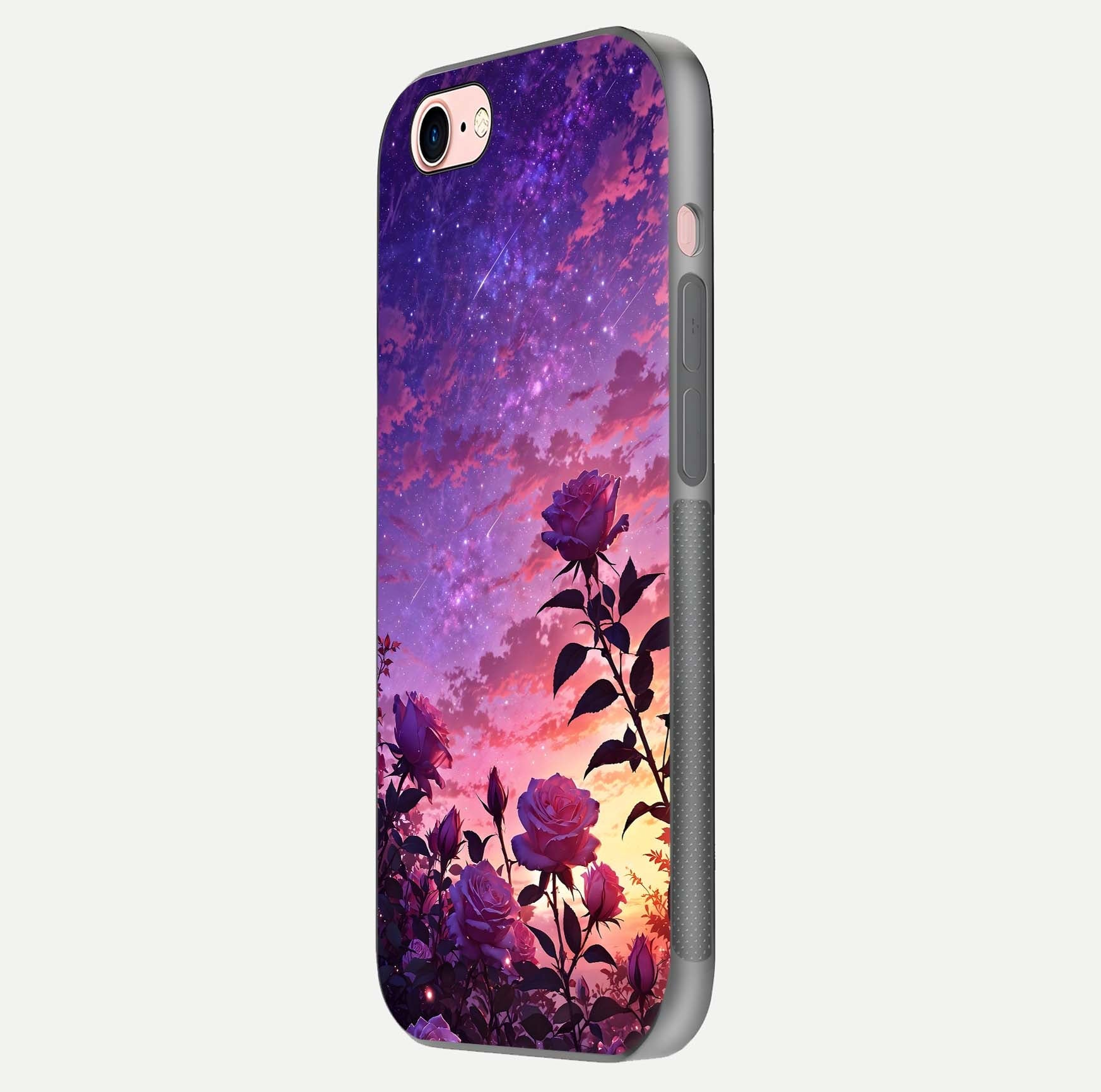 Starlit Rose Twilight Glass Case for iPhone 6 Plus side-angle image showing reflection and petal contrast