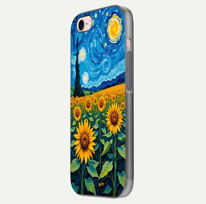 Starry Sunflower Dreams Glass Case for iPhone 6 Plus side-angle image showing reflection, stars, and yellow tone