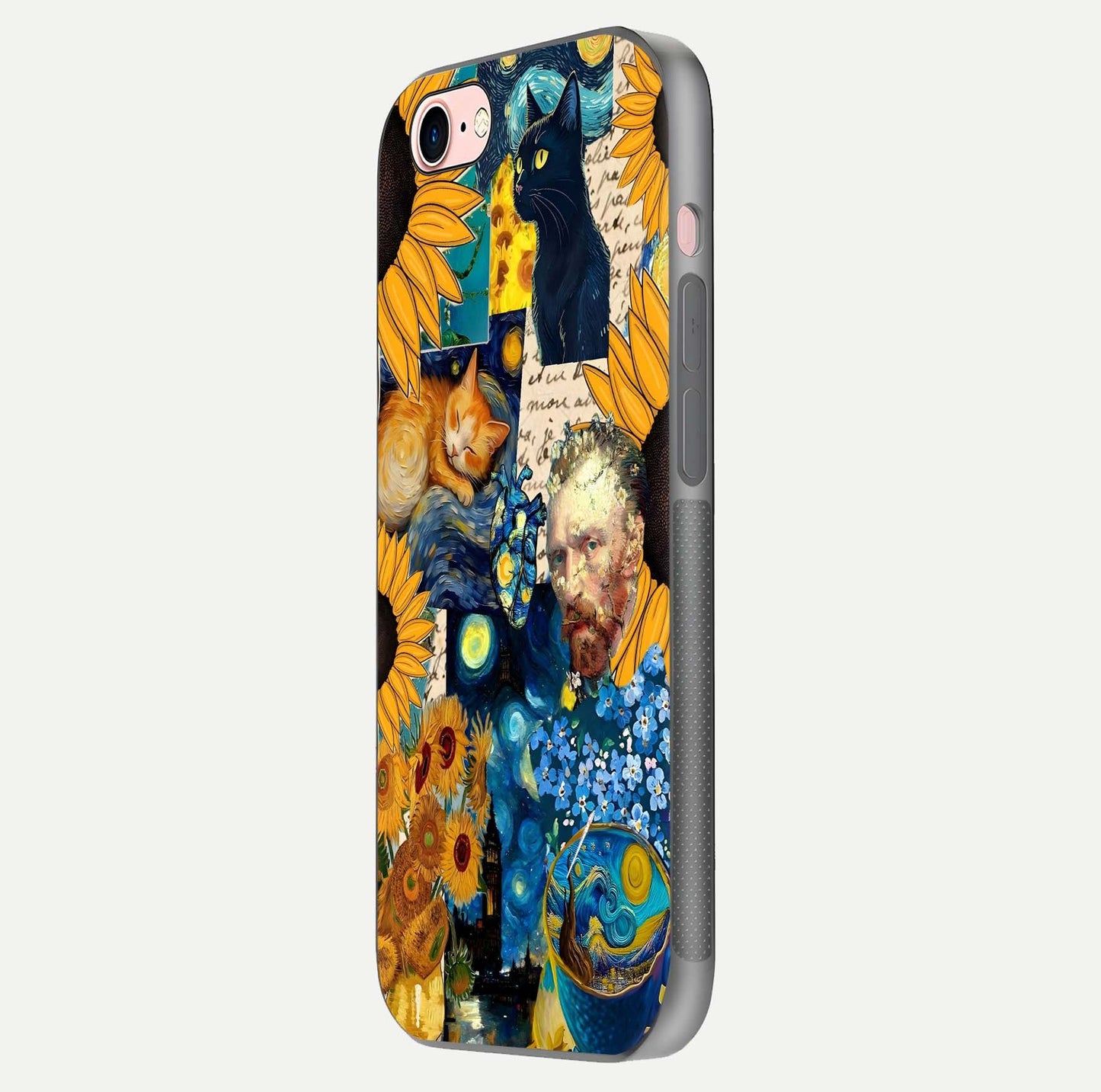 Sunflower Cat Art Glass Case for iPhone 6 Plus side-angle image showing shine, edges, and sunflower texture