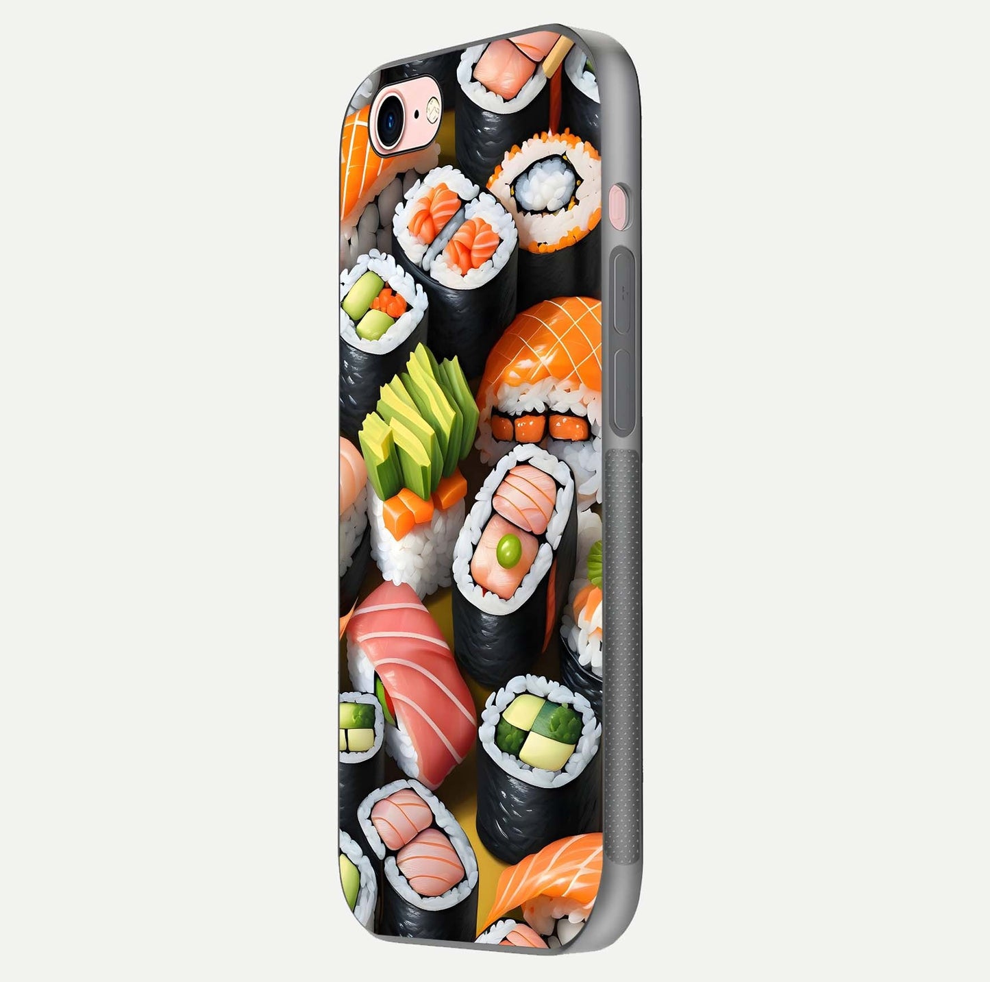 Sushi Food Pattern Glass Case for iPhone 6 Plus side-angle image showing shine, gloss, and sushi artwork