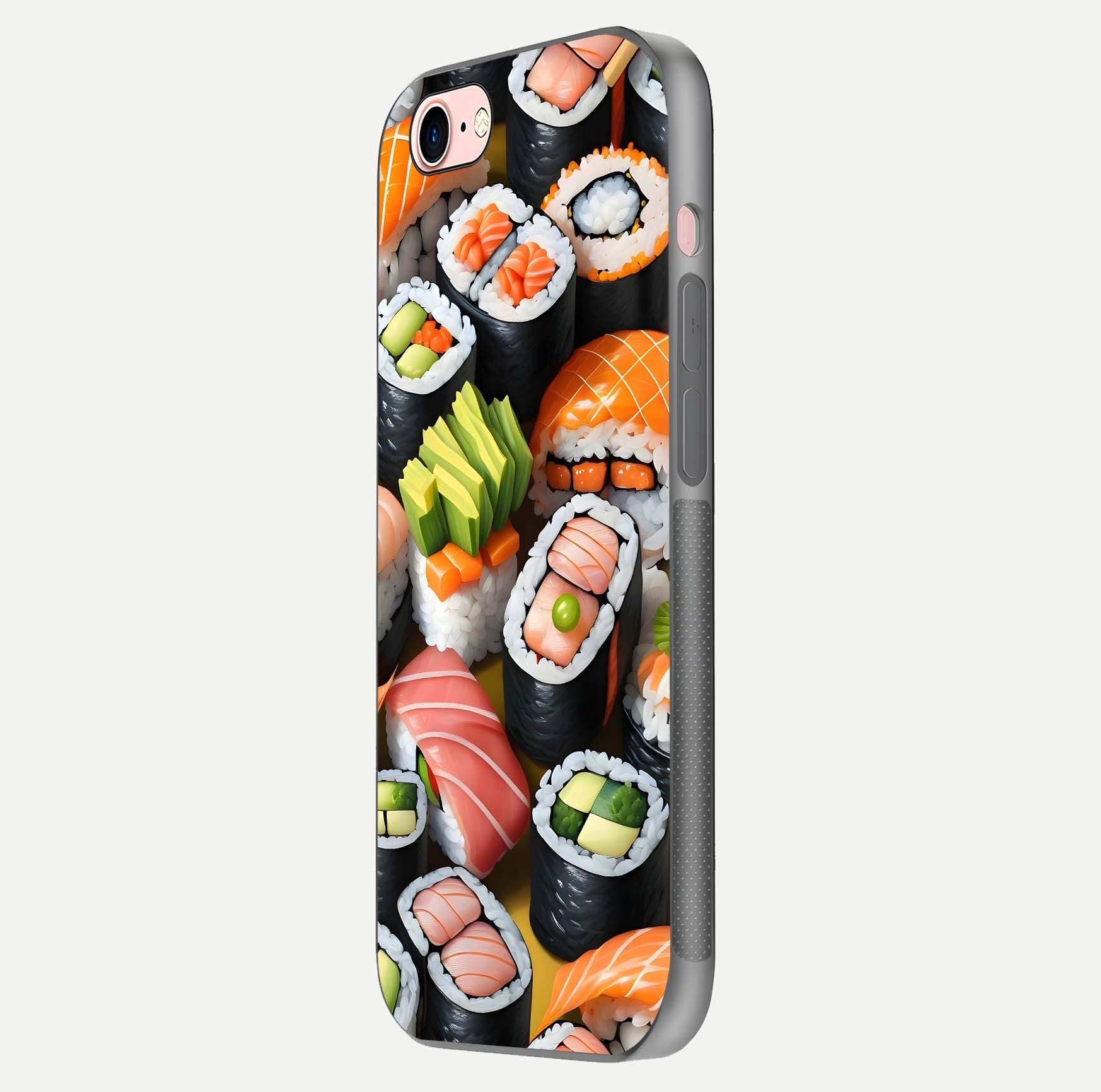 Sushi Food Pattern Glass Case for iPhone 6 Plus side-angle image showing shine, gloss, and sushi artwork