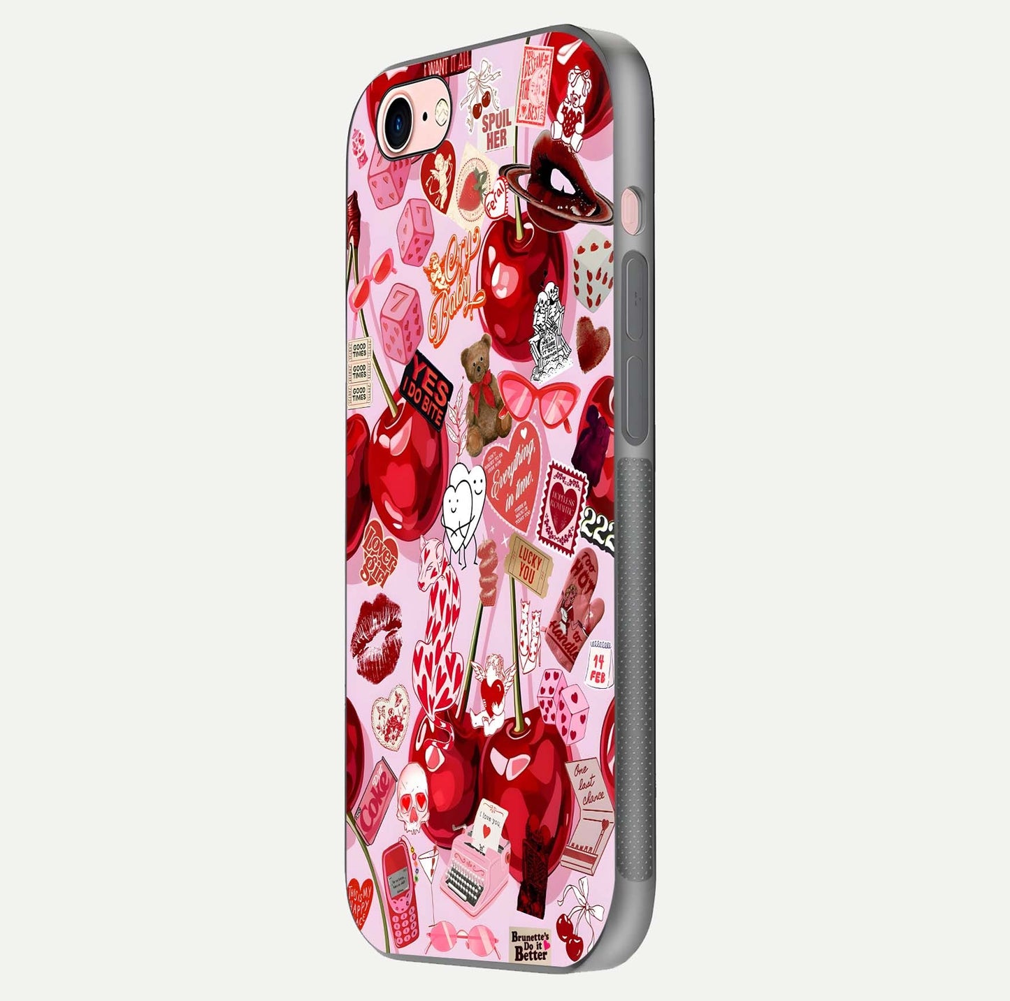 Sweet Cherry Chaos Glass Case for iPhone 6 Plus side-angle image showing shine, gloss, and cherry details