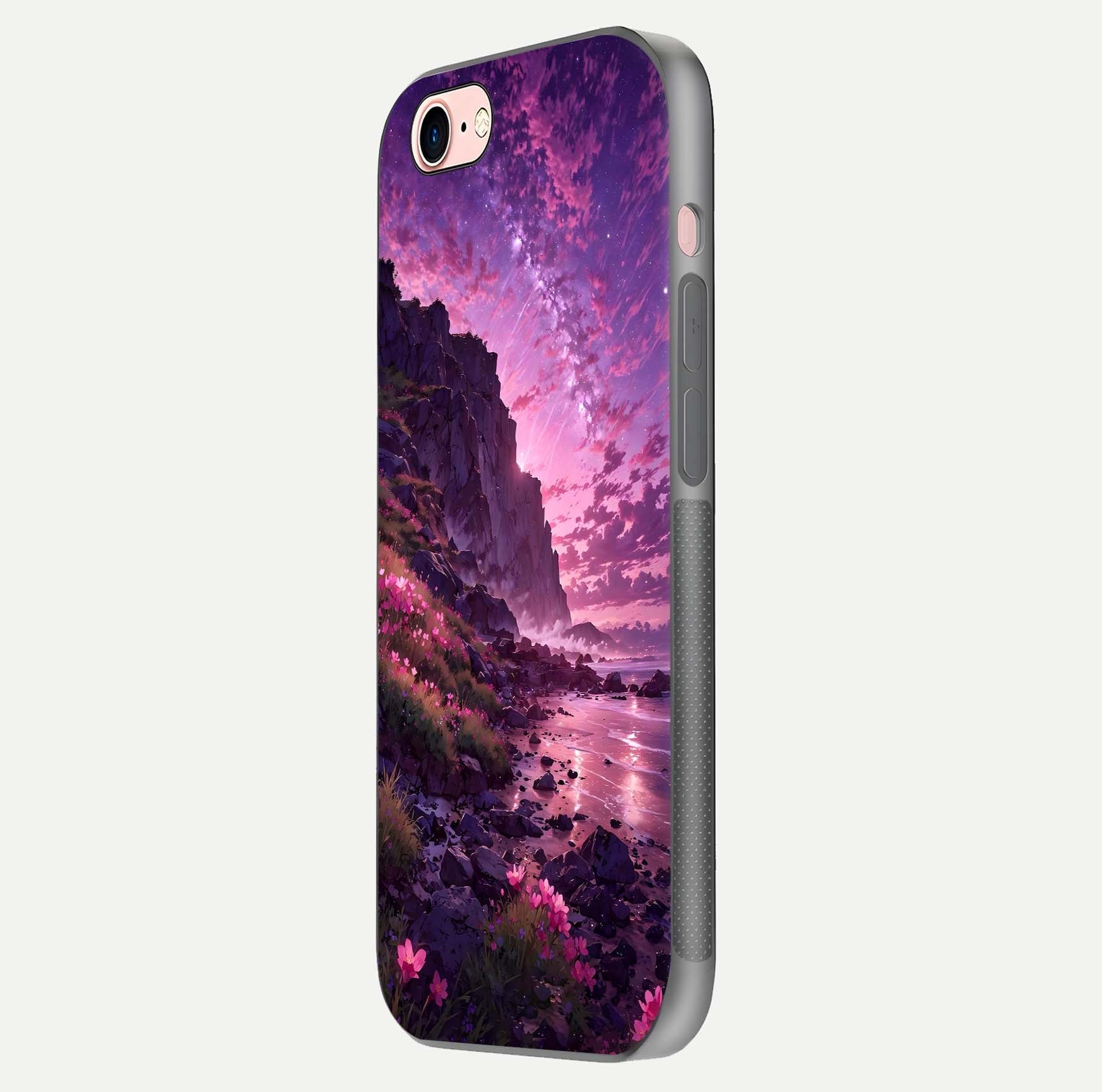 Twilight Blossom Coast Glass Case for iPhone 6 Plus side-angle image showing shine, reflection, and petal tone