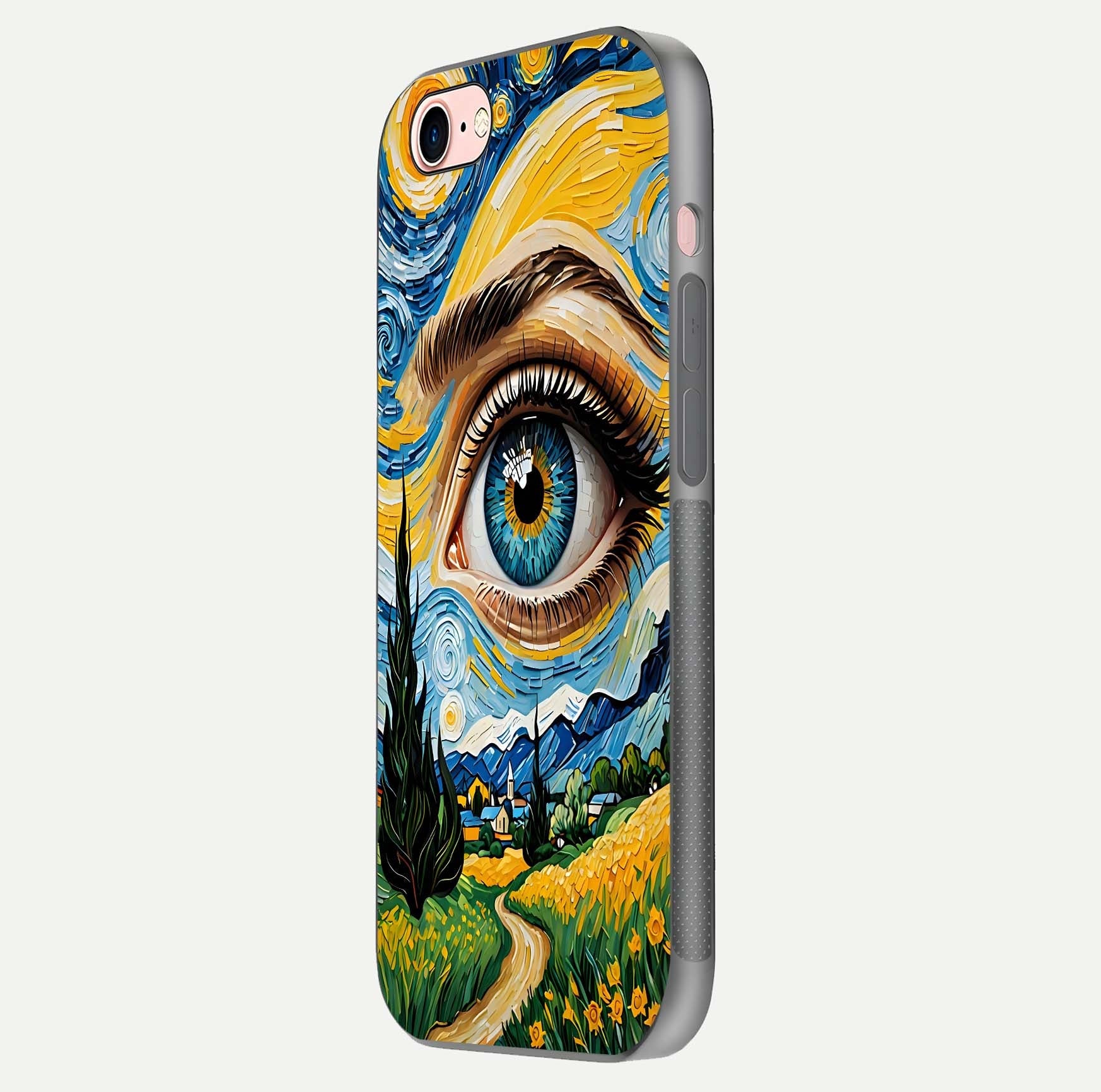 Van Gogh Eye Glass Case for iPhone 6 Plus side-angle image showing reflection, gloss, and artistic contrast