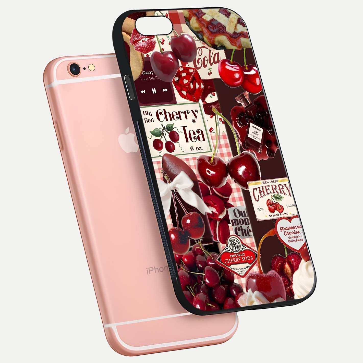 Aesthetic Cherry Tea Glass Case for iPhone 16 Pro floating dual-view mockup showing edge design and detailed cherry pattern gloss texture