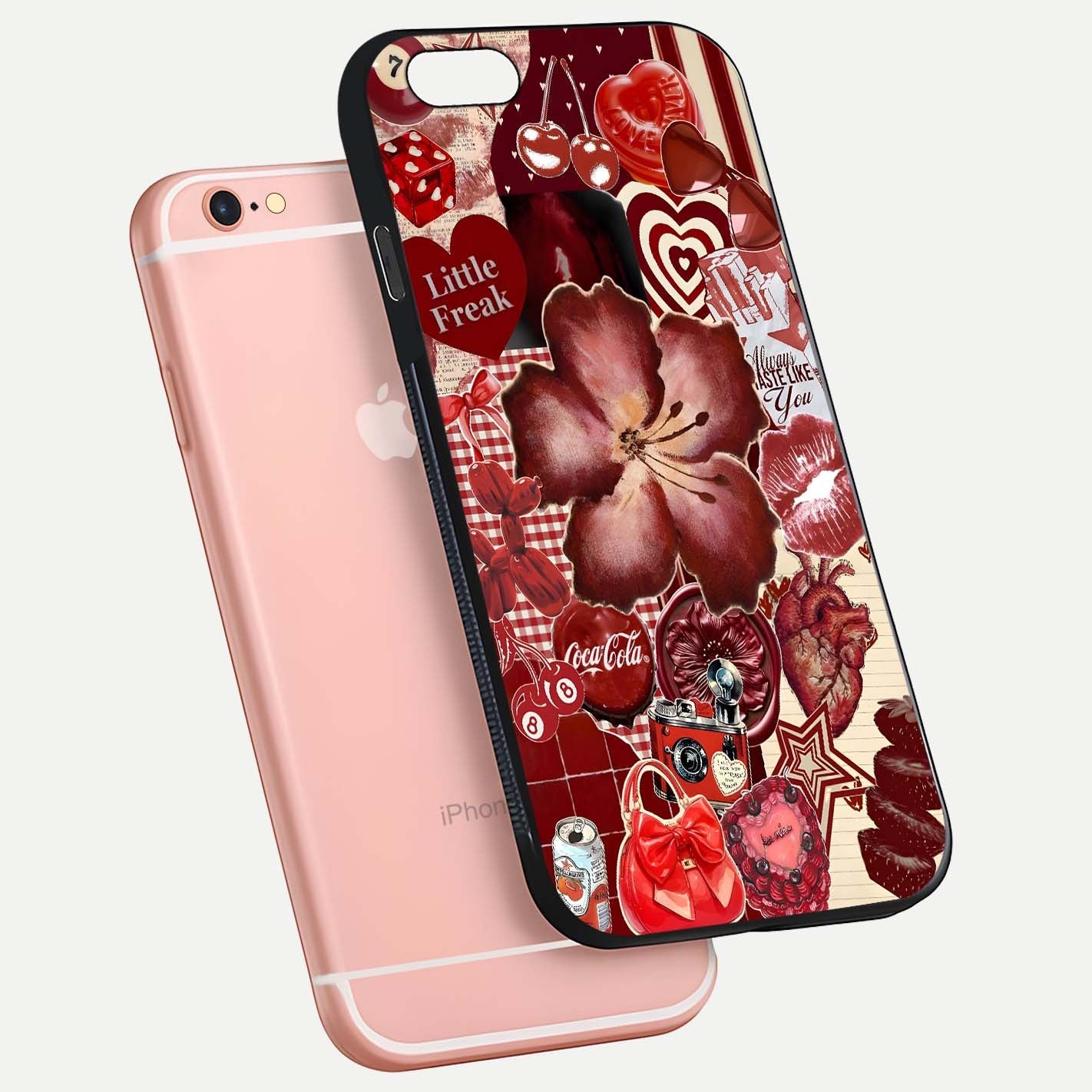 Aesthetic Little Freak Glass Case for iPhone 16 Pro floating dual-view mockup showing edge design and detailed collage gloss texture