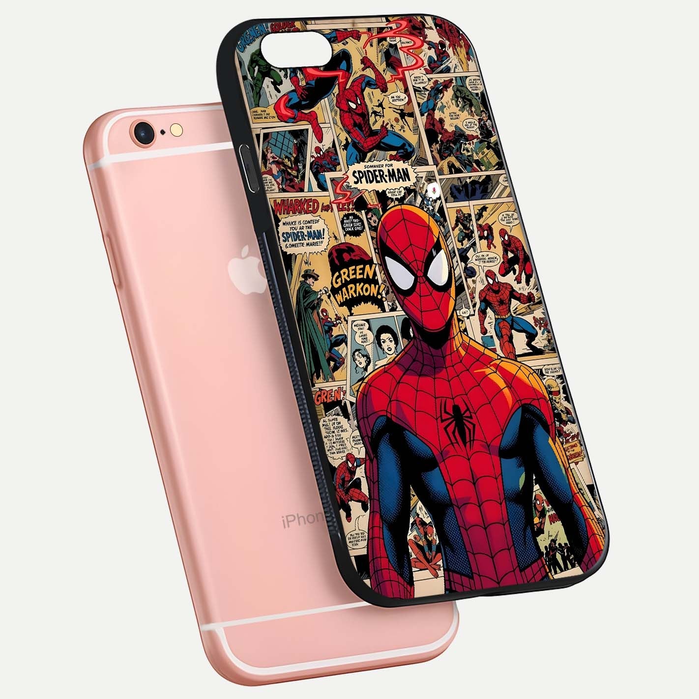 Aesthetic Spider Man Glass Case for iPhone 16 Pro floating dual-view mockup showing edge design and detailed Spider-Man gloss texture
