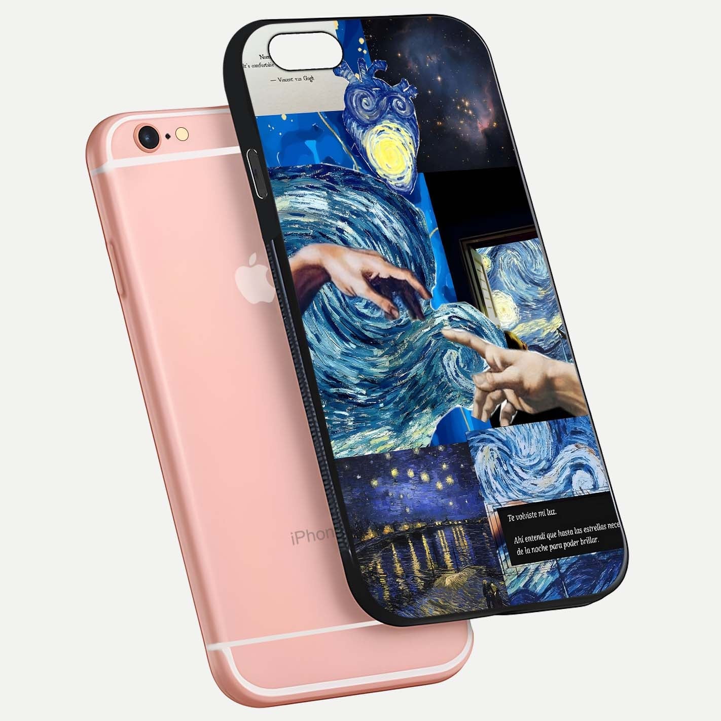 Aesthetic Vando Hands Glass Case for iPhone 16 Pro floating dual-view mockup showing slim edge profile and high-definition gloss