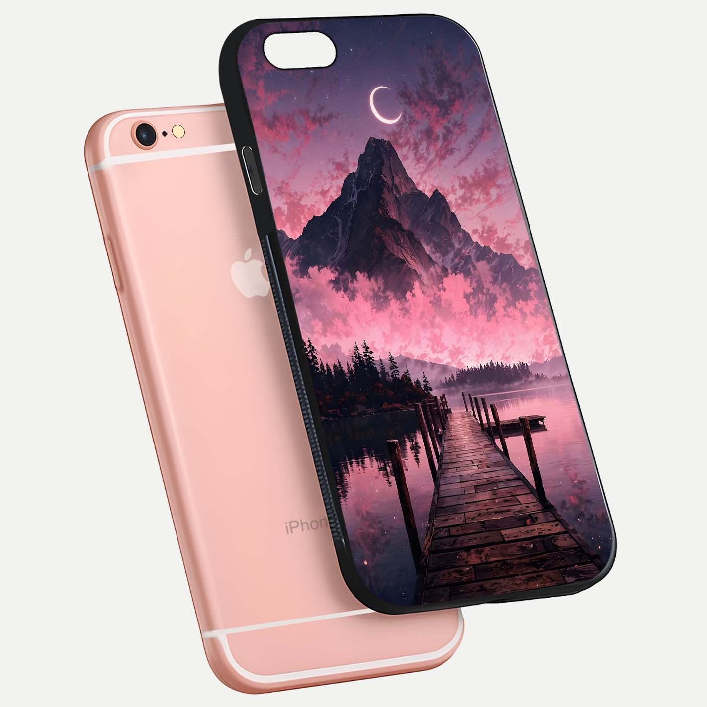 Beautyful Mountain View Glass Case for iPhone 16 Pro floating dual mockup showing edges and reflective sky print