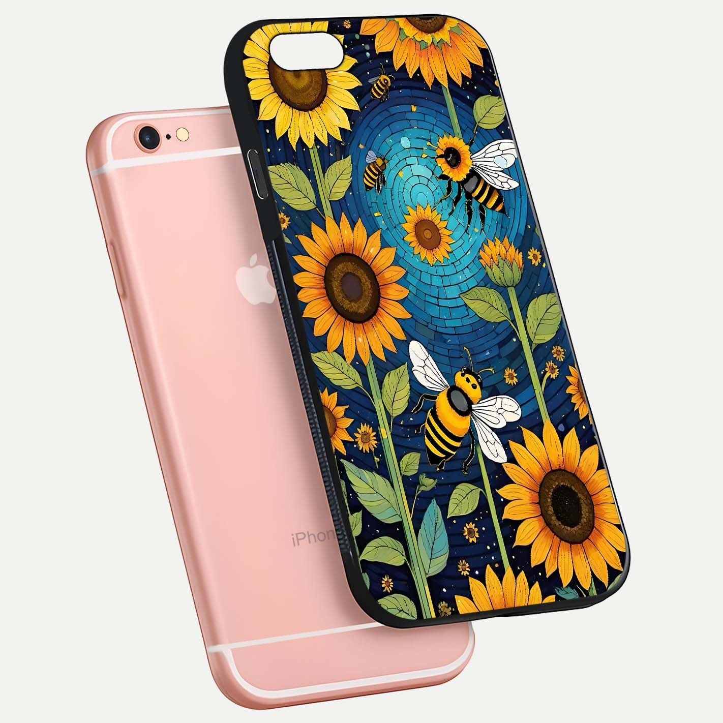 Bees & Sunflowers Glass Case for iPhone 16 Pro floating dual-view mockup displaying vibrant yellow tones and gloss texture