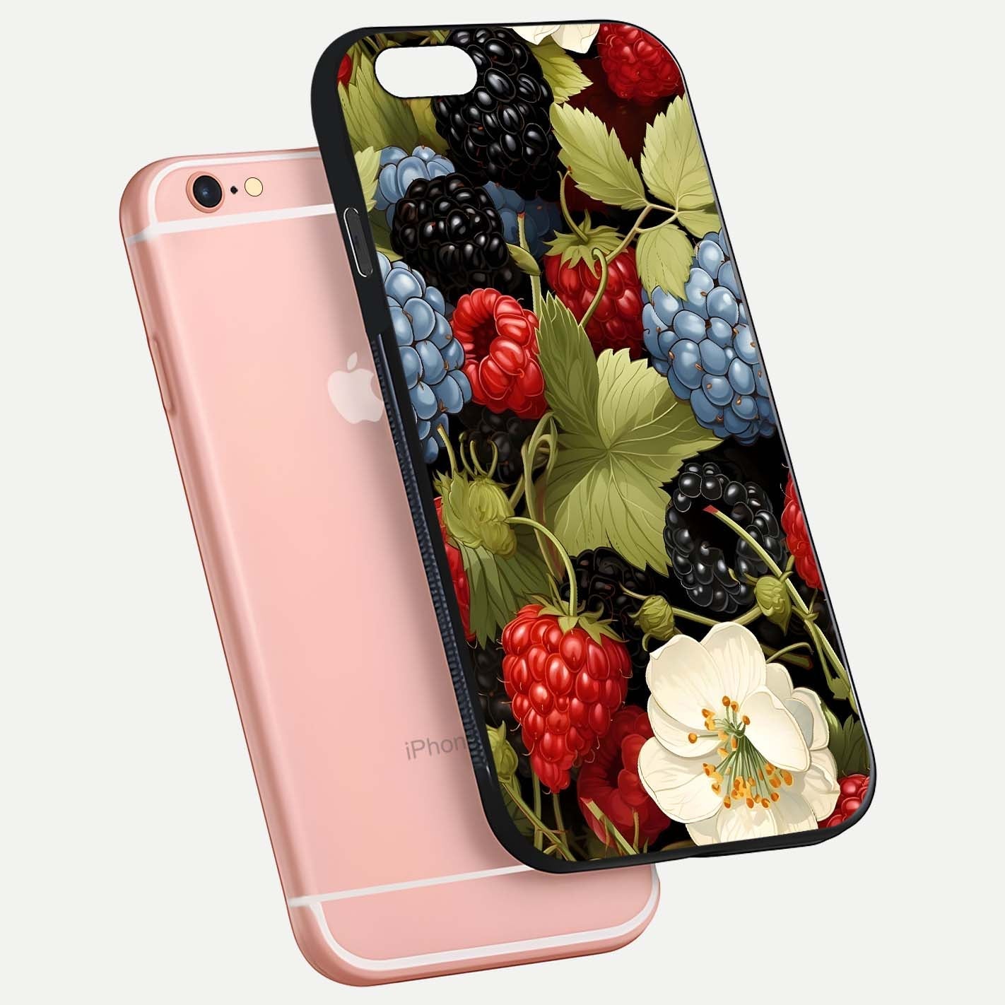Berry Bloom Charm Glass Case for iPhone 16 Pro floating mockup capturing glossy reflection and curved-edge finish