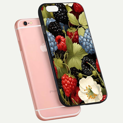 Berry Bloom Charm Glass Case for iPhone 16 Pro floating mockup capturing glossy reflection and curved-edge finish