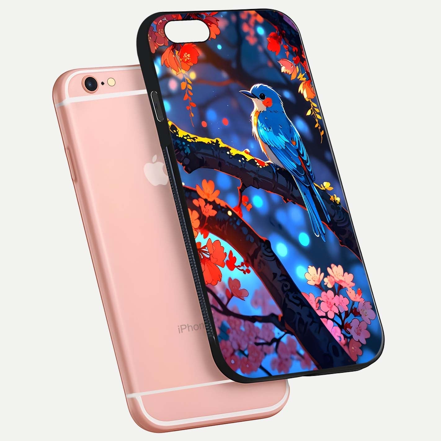 Blooming Spendor Bird Glass Case for iPhone 16 Pro floating dual-mockup capturing gloss tone and curved texture