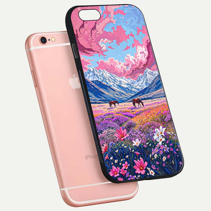 Blossom Valley Dream Glass Case for iPhone 16 Pro floating mockup showing floral valley blend and reflective surface