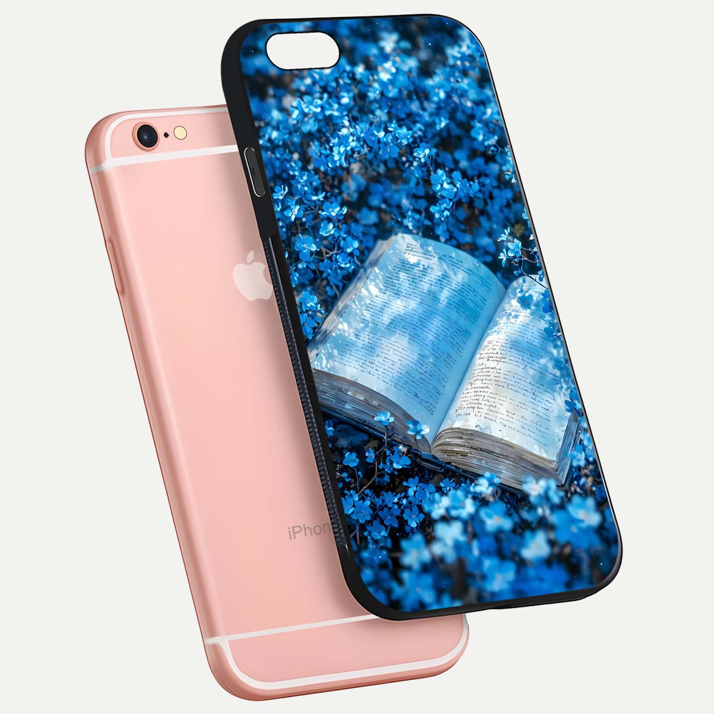 Blue Bloom Tales Glass Case for iPhone 16 Pro floating mockup showing detailed bloom and reflective surface