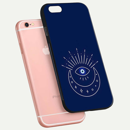 Blue Evil Eye Glass Case for iPhone 16 Pro floating mockup displaying glossy protection and spiritual artwork