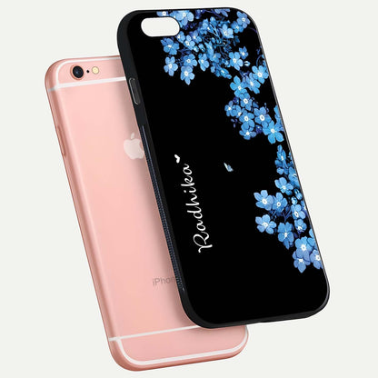 Blue Petal Dream Custom Name Glass Case for iPhone 16 Pro floating mockup capturing floral tones and glass shine
