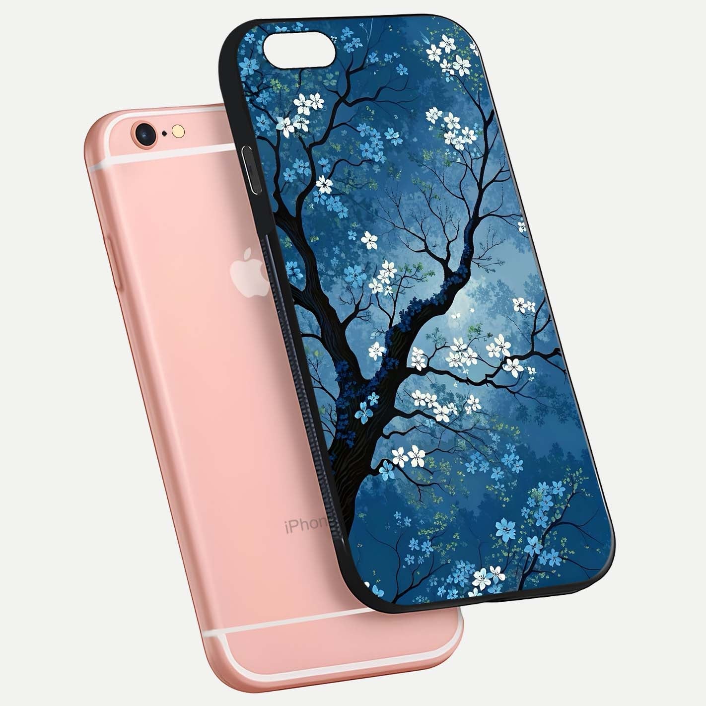 Blue Tree Serenity Glass Case for iPhone 16 Pro floating mockup displaying serene tones and HD glass polish
