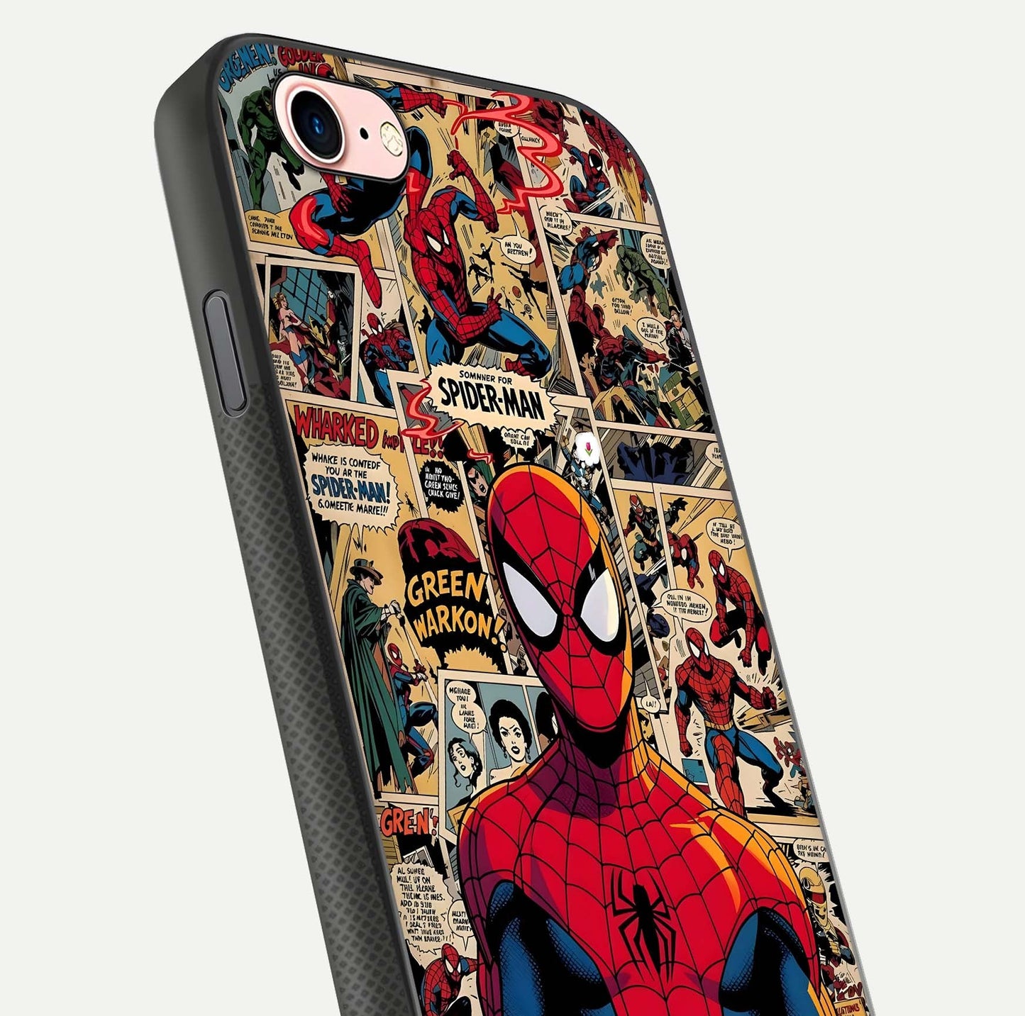Aesthetic Spider Man Glass Case for iPhone 6 Plus close-up angled shot showing detailed Spider-Man artwork and gloss reflection