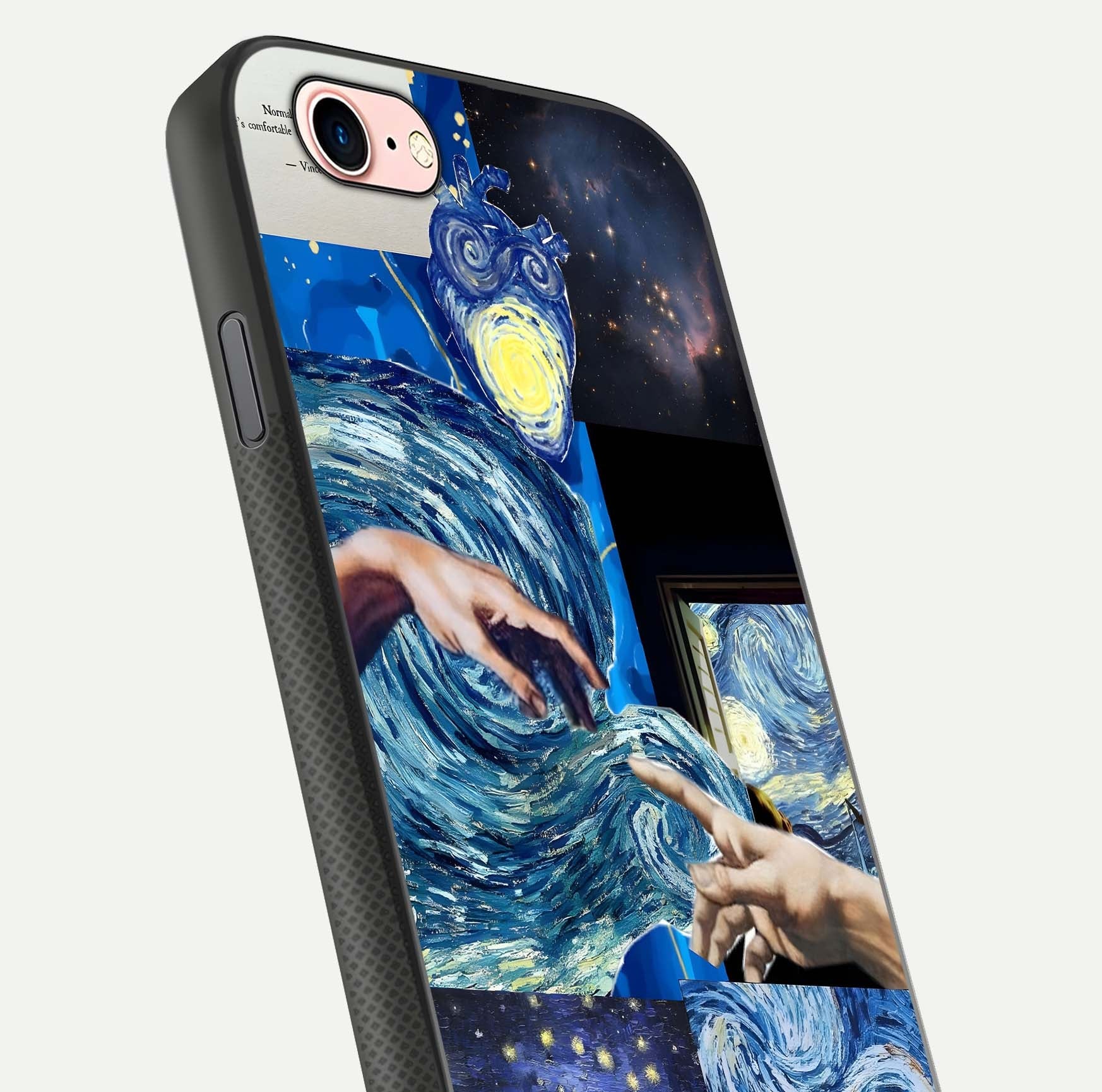 Aesthetic Vando Hands Glass Case for iPhone 6 Plus close-up angle showing fine detailing of hand artwork and glass reflection