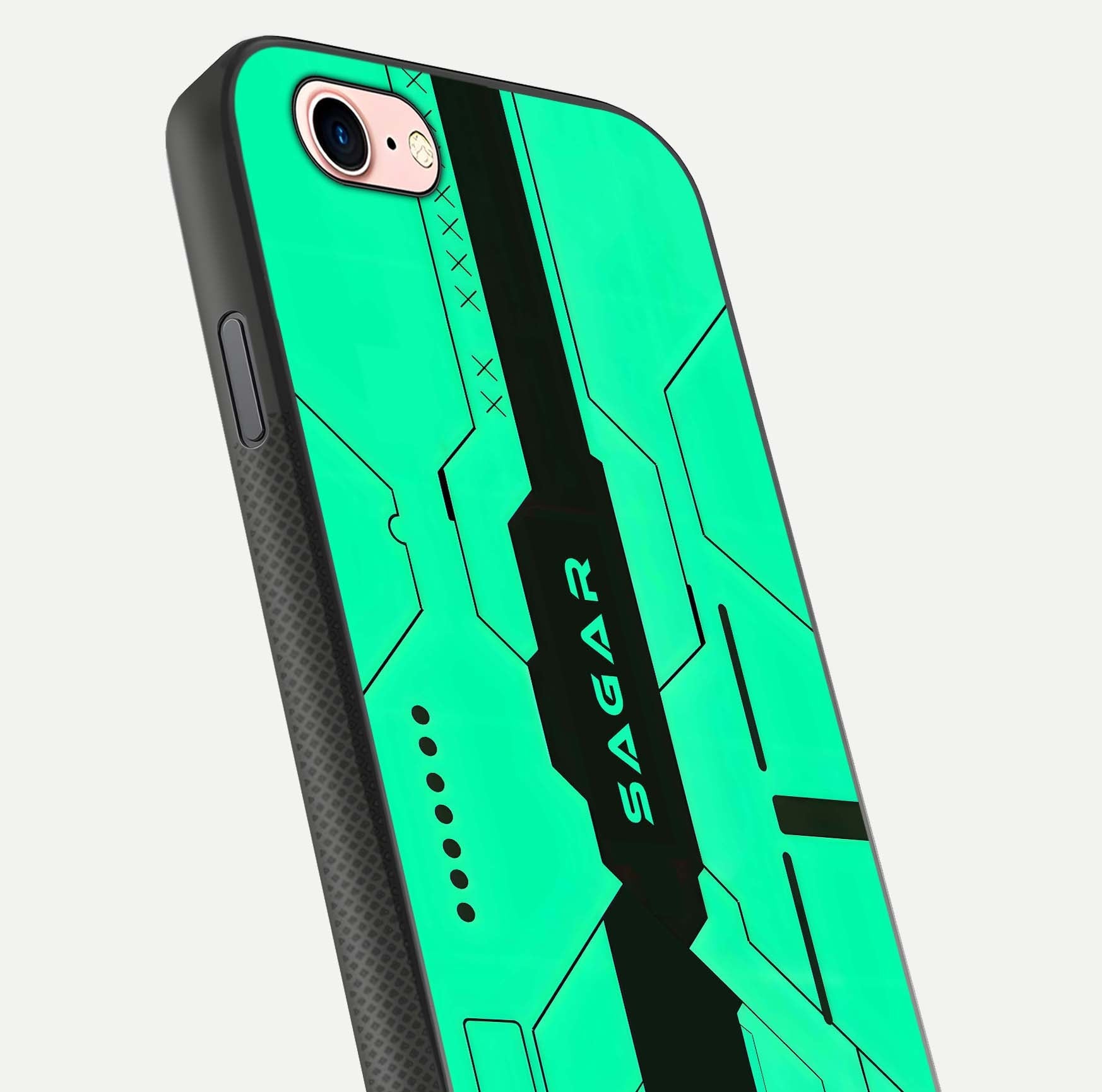 Aqua Tech CYBERPUNK Custom Name Glass Case for iPhone 6 Plus close-up angle showing futuristic blue lights and reflections