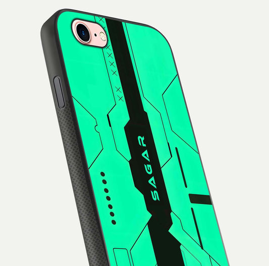 Aqua Tech CYBERPUNK Custom Name Glass Case for iPhone 6 Plus close-up angle showing futuristic blue lights and reflections