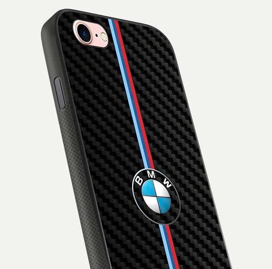 BMW Pattern Glass Case for iPhone 6 Plus close-up angle showing BMW logo detailing and high-reflect gloss texture