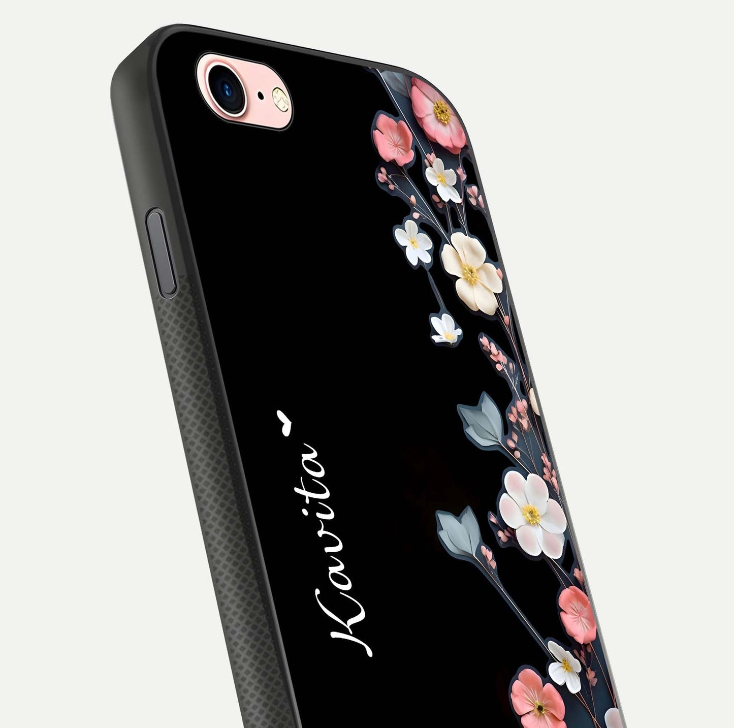 Black Elegance Floral Custom Name Glass Case for iPhone 6 Plus close-up shot showing rose detailing and elegant reflection