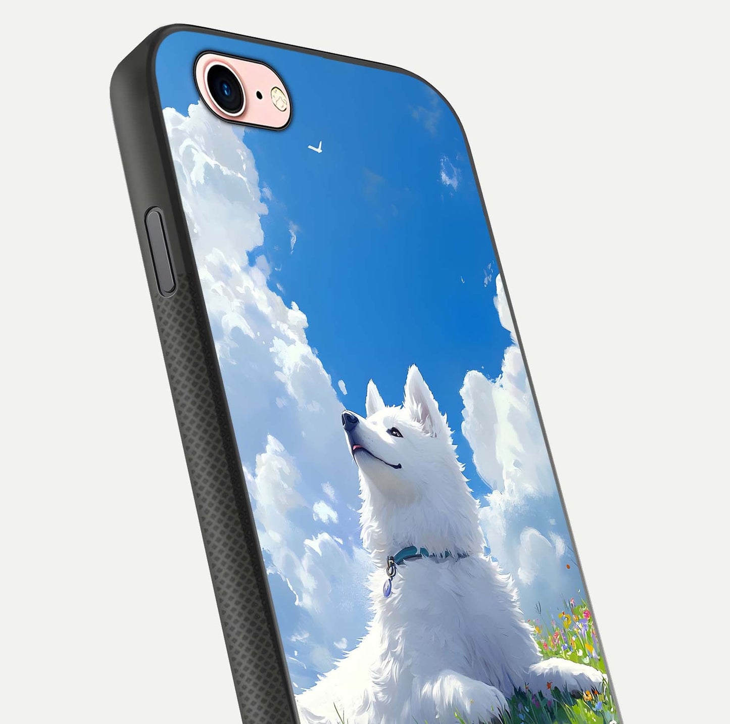 Blissful Cloud Pup Glass Case for iPhone 6 Plus close-up image highlighting puppy details and glossy reflection