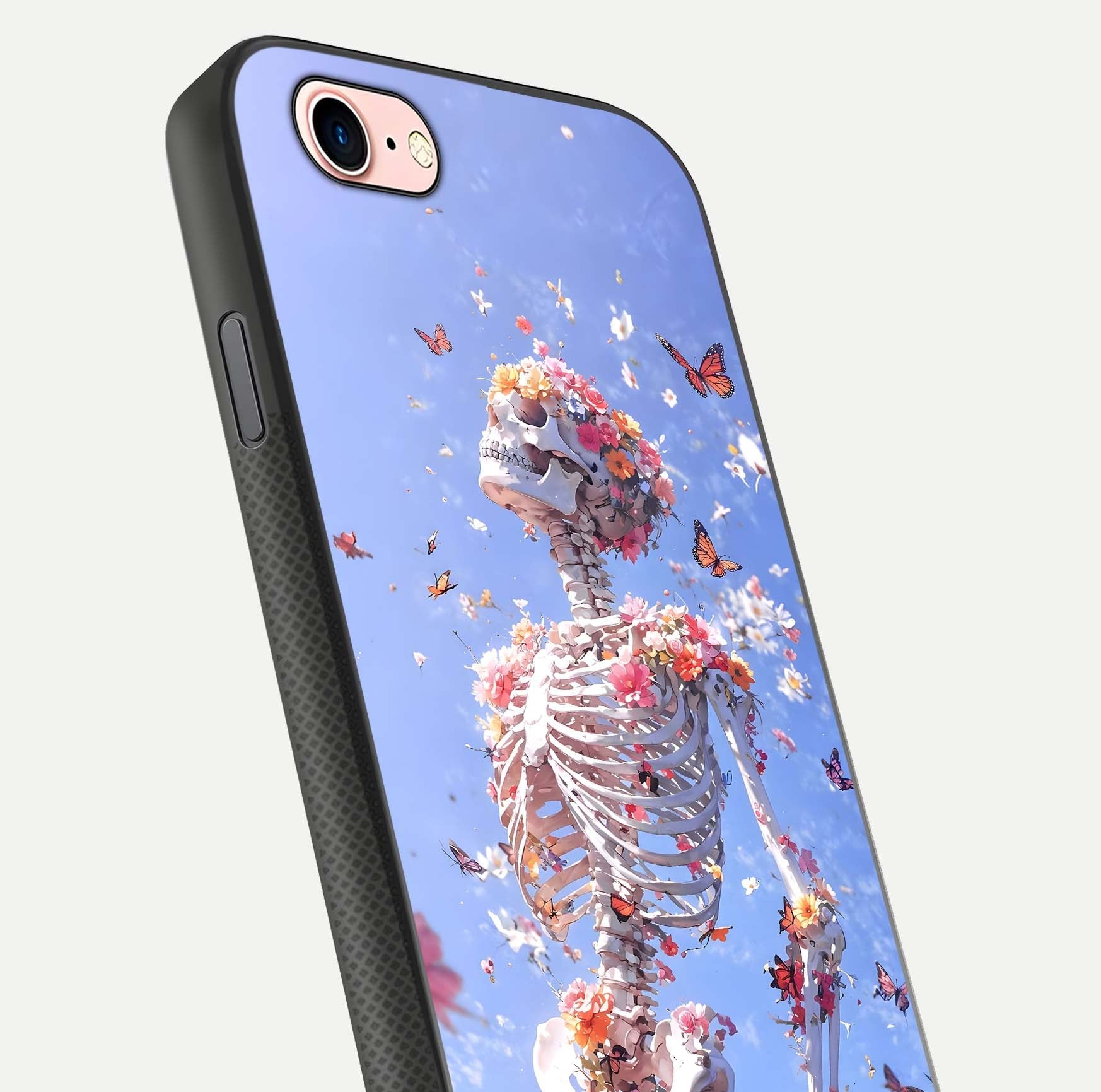 Bloom Beyond Bones Glass Case for iPhone 6 Plus close-up highlighting unique bone-floral fusion art and reflection
