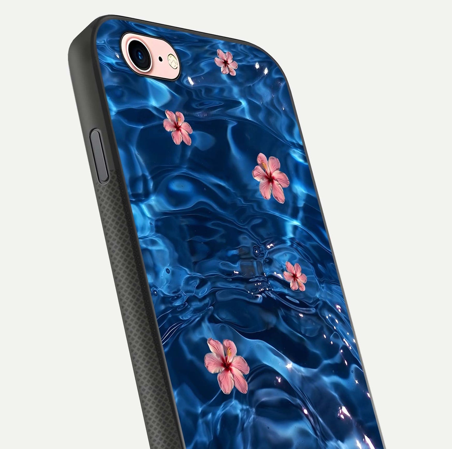 Blooming Water Drift Glass Case for iPhone 6 Plus close-up angle showing petal details, soft aqua tones, and smooth gloss reflection