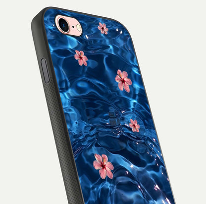 Blooming Water Drift Glass Case for iPhone 6 Plus close-up angle showing petal details, soft aqua tones, and smooth gloss reflection