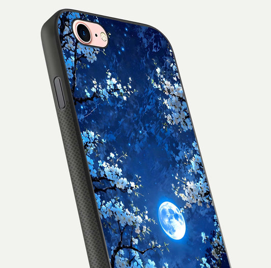 Blossom Moonlight Sky Glass Case for iPhone 6 Plus close-up angle capturing moon glow and flower detail reflections