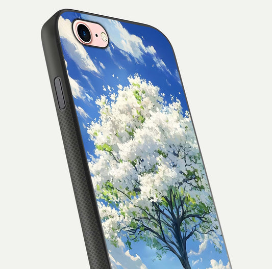 Blossom Sky Serenity Glass Case for iPhone 6 Plus close-up highlighting calming flower details and reflection gloss