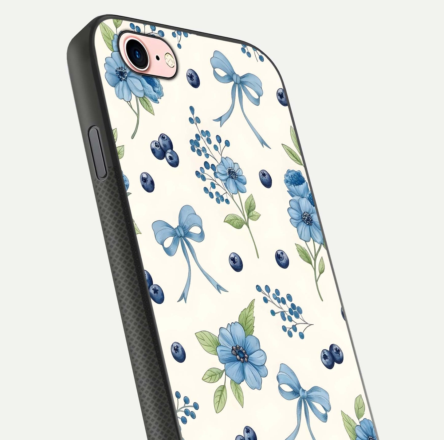 Blue Flower & Bow Glass Case for iPhone 6 Plus close-up shot highlighting ribbon detail and flower gloss finish