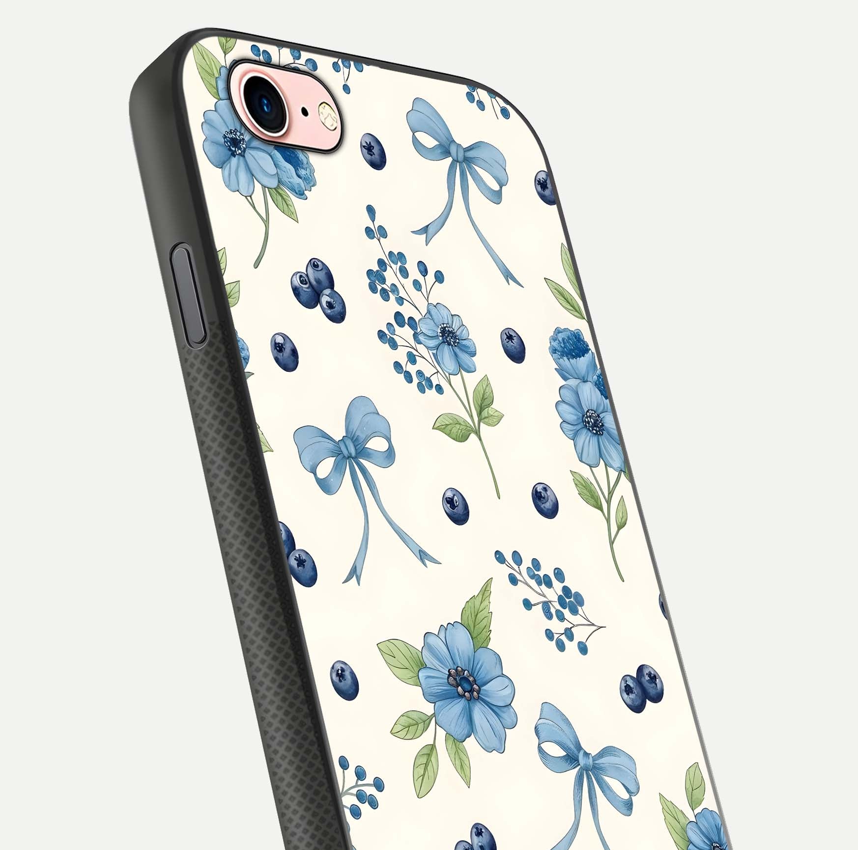 Blue Flower & Bow Glass Case for iPhone 6 Plus close-up shot highlighting ribbon detail and flower gloss finish