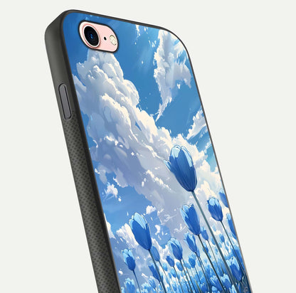 Blue Tulip Clouds Glass Case for iPhone 6 Plus close-up image highlighting tulip petals, clouds, and reflection texture