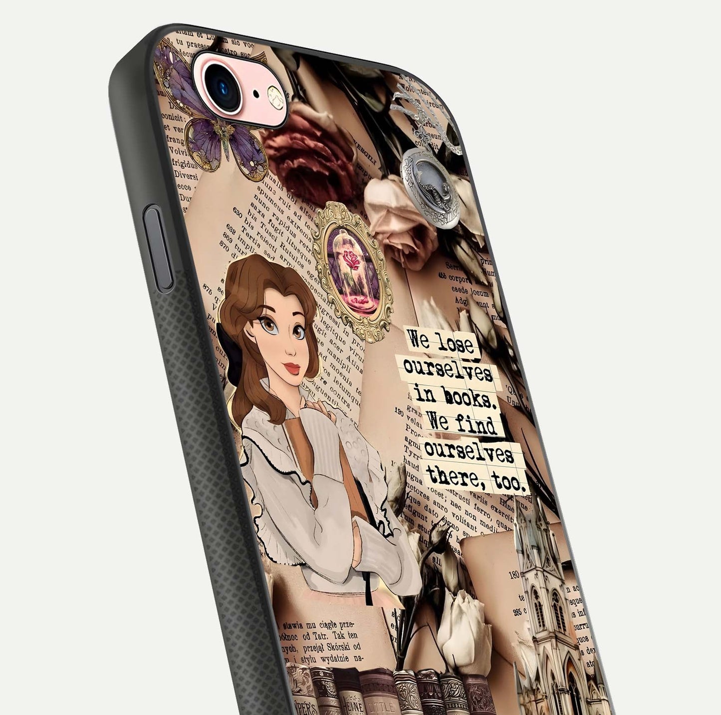 Bookish Dream World Glass Case for iPhone 6 Plus close-up shot highlighting book elements and reflection gloss