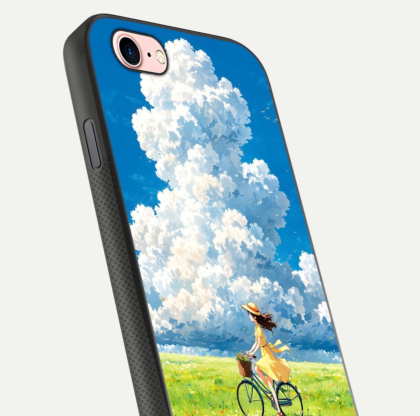 Breezy Meadow Ride Glass Case for iPhone 6 Plus close-up shot showing flowers and breezy motion texture
